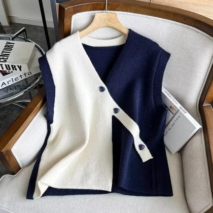 Love Button Matching Color Vest Sweater