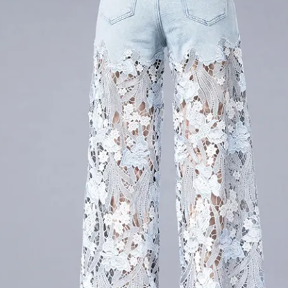 Summer All-in-one Lace Patchwork Denim Pants Down