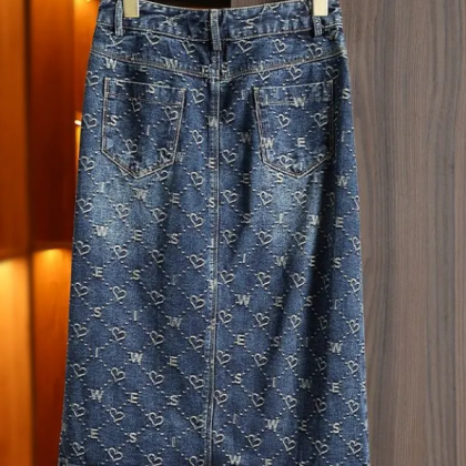 Love Jacquard Style Denim Skirt Female 2023 Autumn..