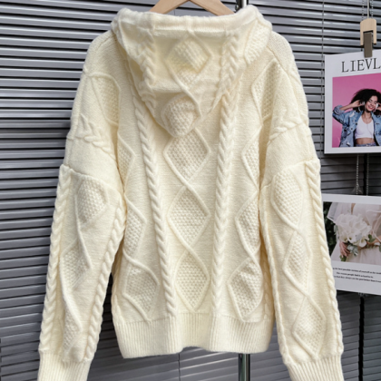 Horn Button Hooded Sweater Coat Cardigan 2023..