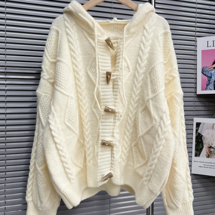 Horn Button Hooded Sweater Coat Cardigan 2023..