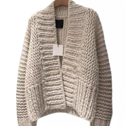 Knit Cardigan Coat Thick Line Long Sleeve V-neck..