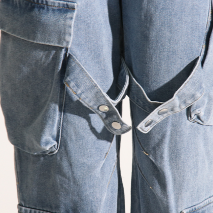 Retro Multi-pocket Design Lace-up Jeans..