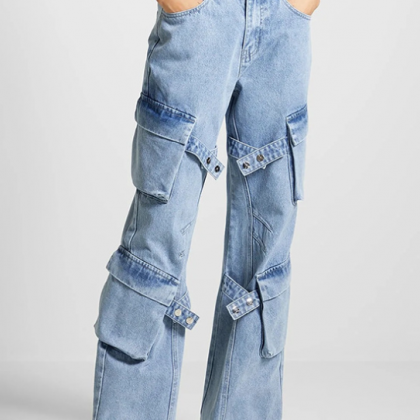 Retro Multi-pocket Design Lace-up Jeans..