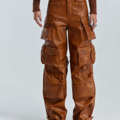 Multi-pocket Cargo Leather Pants 2023 Personality..