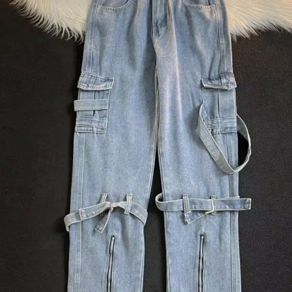 Retro Functional Cargo Lace-up Jeans..
