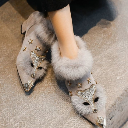 Winter Cashmere Fox Head Lazy Hair Shoes For Women..
