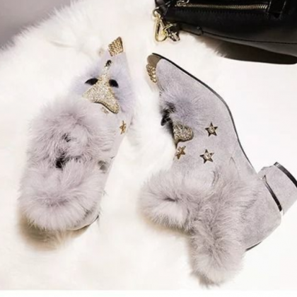 Winter Cashmere Fox Head Lazy Hair Shoes For Women..