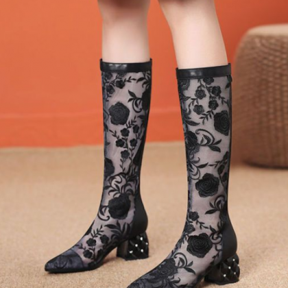Embroidered Red Rose Lace Boots With Unique Heel..