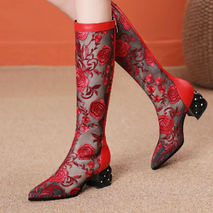 Embroidered Red Rose Lace Boots With Unique Heel..