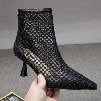 Sexy Mesh Hollow Breathable Zipper Mid-heel Cool..