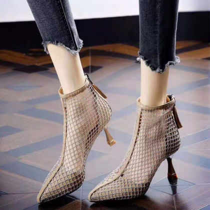 Sexy Mesh Hollow Breathable Zipper Mid-heel Cool..