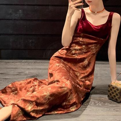 Ink Chinese Sling Dress Female Early Autumn Red..