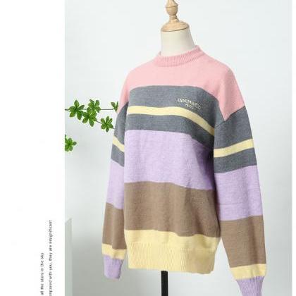 Color Matching Bear Striped Wool Sweater Lady