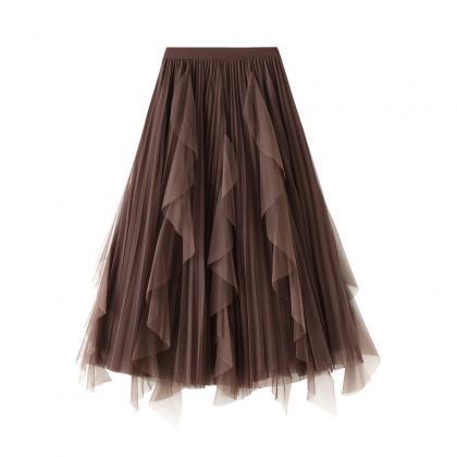 Spring High-waist Ruffled Mesh Mesh Skirt..