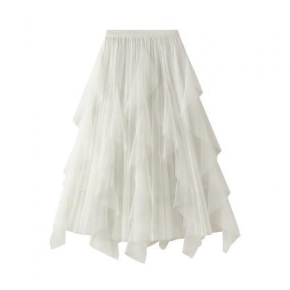 Spring High-waist Ruffled Mesh Mesh Skirt..