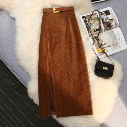 Classic Corduroy A-line Skirt With Elegant Belt