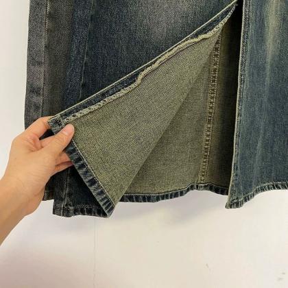 Trendsetting Slit-front High-waisted Denim Skirt