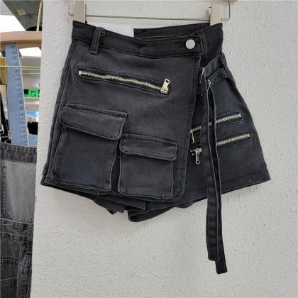Irregular Multi-pocket Cargo A-line Shorts Women..