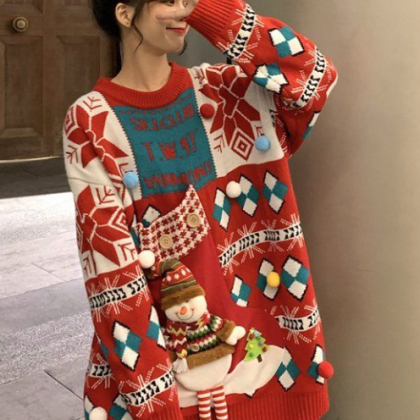 The Christmas Red Sweater Women Wear Loose Design..