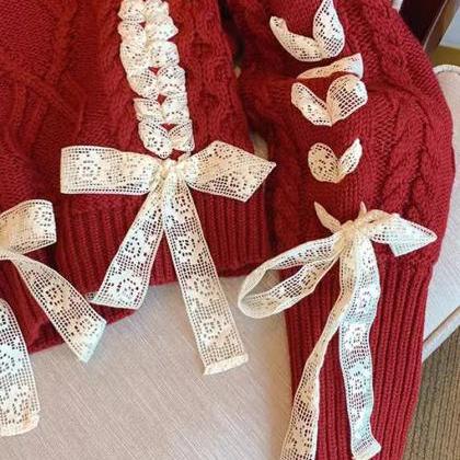 Red Bow Lace Lace Lace Lace Christmas Sweater..