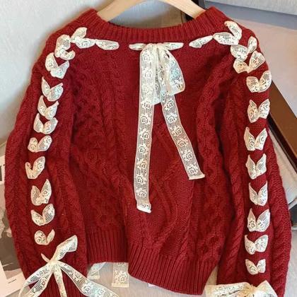 Red Bow Lace Lace Lace Lace Christmas Sweater..