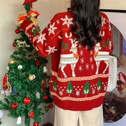 Christmas Atmosphere Elk Red Sweater For Women..