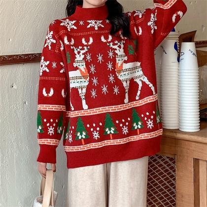 Christmas Atmosphere Elk Red Sweater For Women..