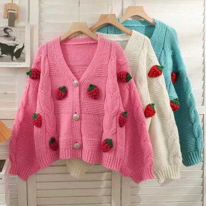Autumn Loose Strawberry Knitted Cardigan Korean..