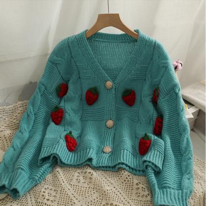 Autumn Loose Strawberry Knitted Cardigan Korean..