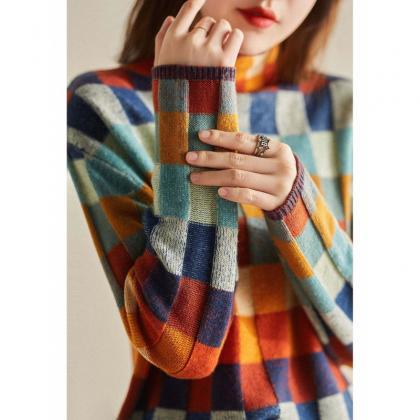Colorful Checkerboard Cashmere Sweater Turtleneck..