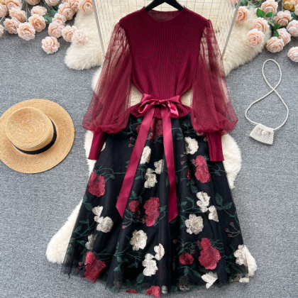 Knitted Patchwork Embroidery Mesh Dress..
