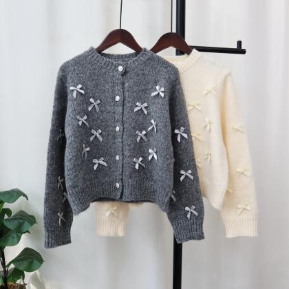 Bow Knit Cardigan Female 2023 Autumn And Winter..