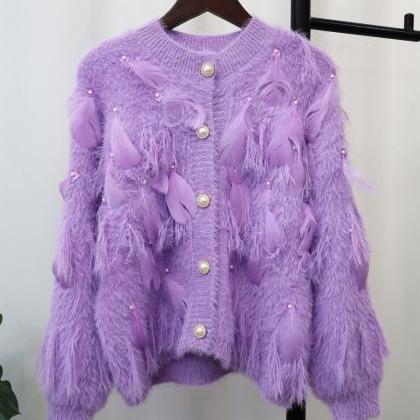 Lavish Lavender Feather-embellished Cardigan