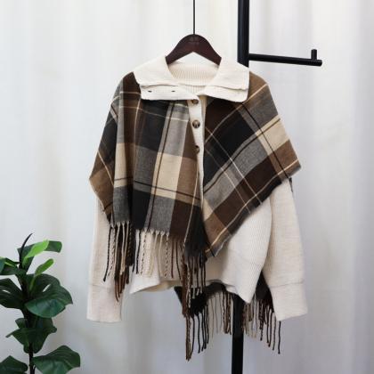 Plaid Cape Fake Two Knitted Cardigan Women Autumn..