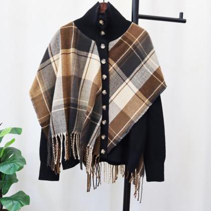 Plaid Cape Fake Two Knitted Cardigan Women Autumn..