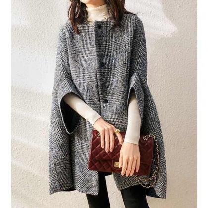 Grey Plaid Woolen Coat Women's..