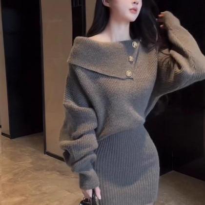 Knit Dress Female Autumn Winter 2023 Off-shoulder..