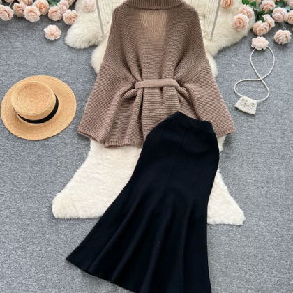 Elegant Taupe Knit Cardigan And Black Flare Skirt..