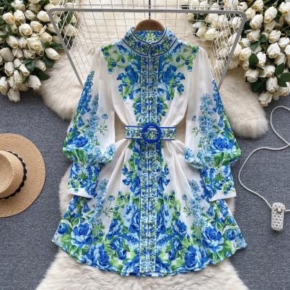 Stand Collar Lantern Long Sleeve Printed Dress For..