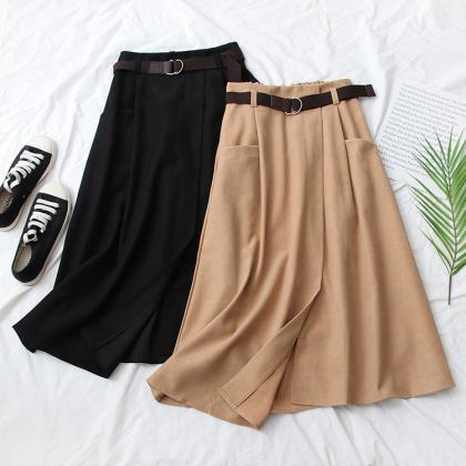Elegant A-line Suede Midi Skirt With Belt