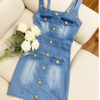 Denim Blue Style All-in-one Halter Square Collar..