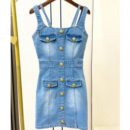 Denim Blue Style All-in-one Halter Square Collar..