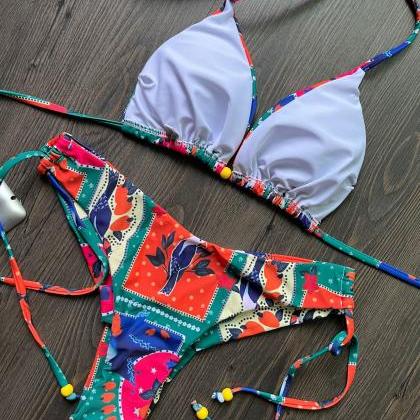 Tied Split Swimsuit Print Sexy Bikini..