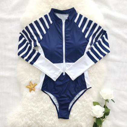 One-piece Long Sleeve Stripes Solid Color..