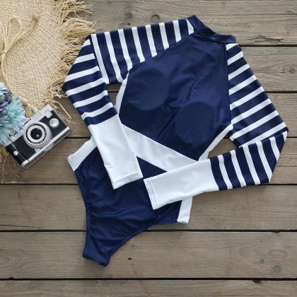 One-piece Long Sleeve Stripes Solid Color..