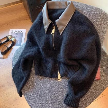 Spliced Leather Collar Double Zipper Sweater..