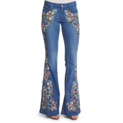 Jeans Embroidered Slim-fit Flared Pants..