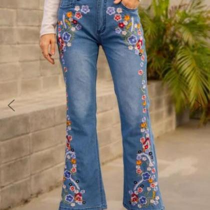 Jeans Embroidered Slim-fit Flared Pants..