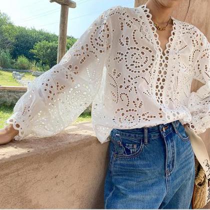 Cotton Embroidery French White Shirt Woman Long..